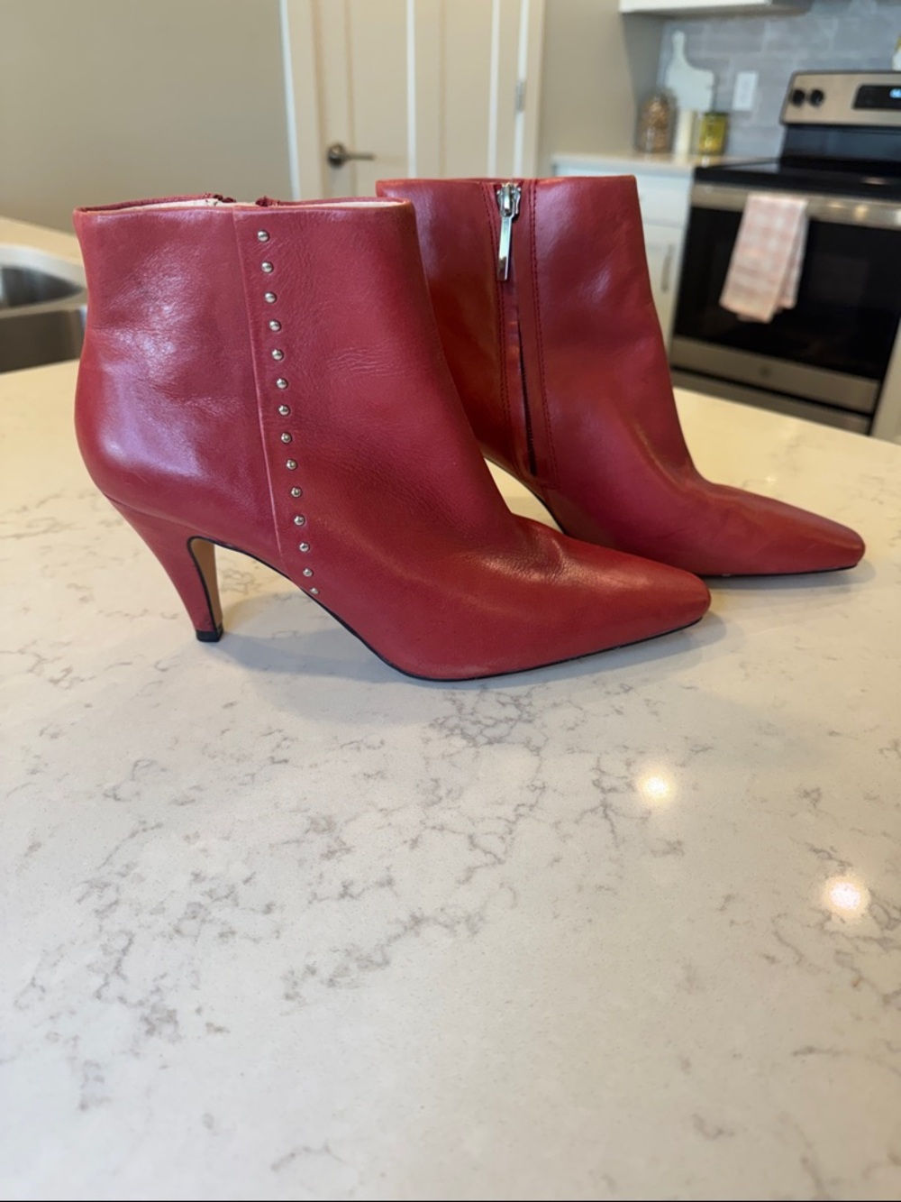 Zara Red Leather Kitten Heel Square Toe Ankle Booties with Side Studs Size 39